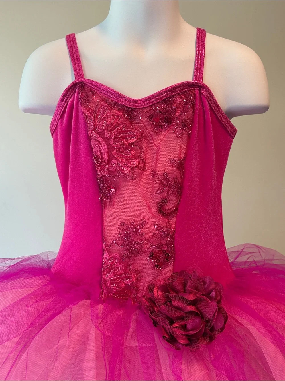 Girls Fuchsia Hot Pink Tulle Tutu Dance Costume Dress with Floral Accent